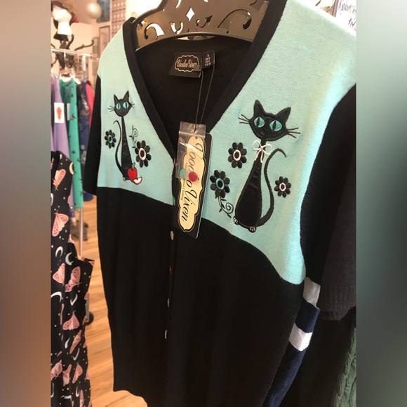 Retro Kitties Cardigan Black And Aqua - Picture 3 of 3